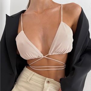 Meshki SUZIE Triangle Bralette Stone Beige Cream wrap tie ribbed NWT XS